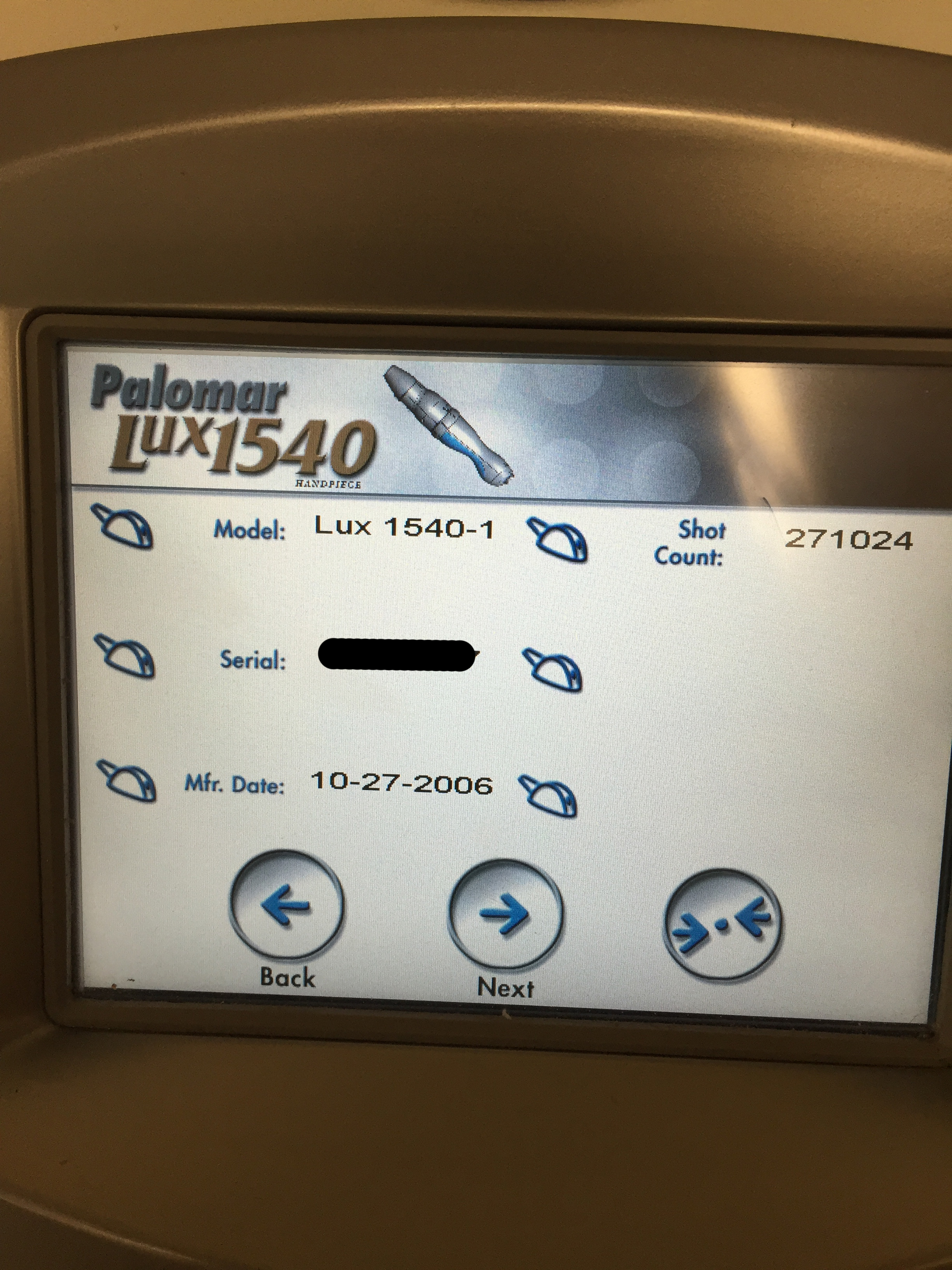 2008 Palomar Starlux 500 with 4 Handpieces: LuxRs, LuxY, MaxG, Lux1540